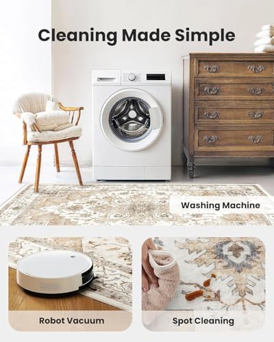Amada 6x9 Washable Area Rug for Dining Room, Beige, Vintage Pattern - Image 5