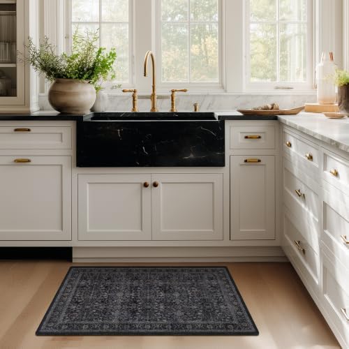 Dark 2x4 Entryway Rug, Vintage Door Mat Indoor Entrance Entry Way, Washable Non Slip Low Pile Thin Small Runner Rug for Kitchen Floor Sink Area Bathroom Bedside, Earth Tone Muted Midnight - Image 4
