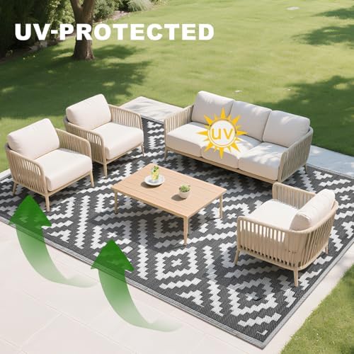 RURALITY Outdoor Rugs 9x12 Feet for Patios Clearance,Plastic Straw Waterproof Mats for Backyard,Porch,Deck,Balcony,Grey&White - Image 6