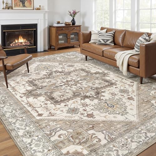 8x10 Area Rug for Living Room- Machine Washable Soft Oriental Vintage Large Indoor Floor Carpet for Bedroom Under Dining Table Home Office Decor - Beige Brown by homewill