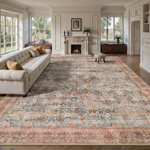 10x14 Area Rugs for Living Room - Washable Vintage Retro Large Rug, Soft Ultra Thin Non Slip Low Pile Traditional Distressed Boho Carpet for Bedroom Dining Room Home Office, Rust Clay by Yarooge