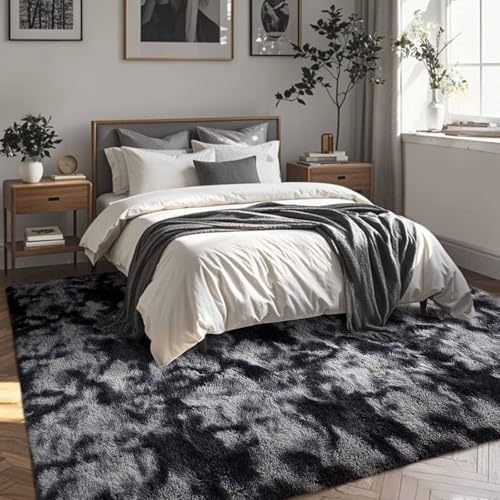 5x8 Non-Slip Fluffy Area Rugs For Living Room (Tie-dye Dark Grey) - Image 3