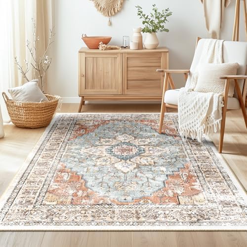 BESTSWEETIE 3x5 Area Rug Washable Rugs for Living Room, No Pile Boho Carpet for Entryway Bedroom Dinning Room, Vintage Carpet Print Distressed Non-Slip, 3 x 5 ft, Green Brick Rust Red by BESTSWEETIE