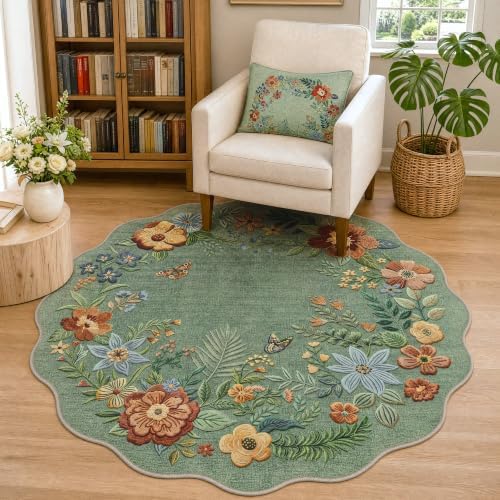 FMFUNCTEX 4ft Round Washable Sage Green Scalloped Area Rug for Entryway - Image 2