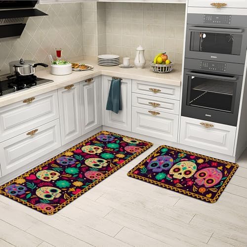 Mexican Skulls Kitchen Mat Set of 2, Halloween Kitchen Rugs Colorful Sugar Skull Calavera Day of The Dead Kitchen Rug Decor Home Decorations, Día de Los Muertos Floor Mat - Image 4