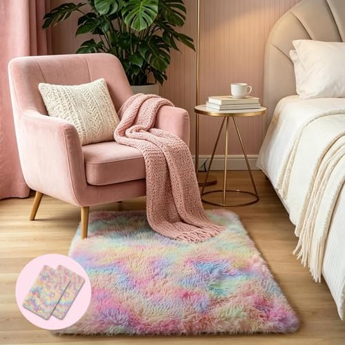 KICHOWUA Rainbow Unicorn Fluffy Fuzzy Rug 2x3, 2 Pcs Washable Non Slip Shag by KICHOWUA