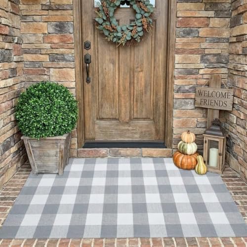 SEEKSEE Buffalo Plaid Outdoor Rug 3' x 5' Gray and White Front Door Mat, Layering Rug for Porch, Washable Doormat, Front Porch Rug for Outdoor Entrance Entryway Patio Porch Decor - Image 3