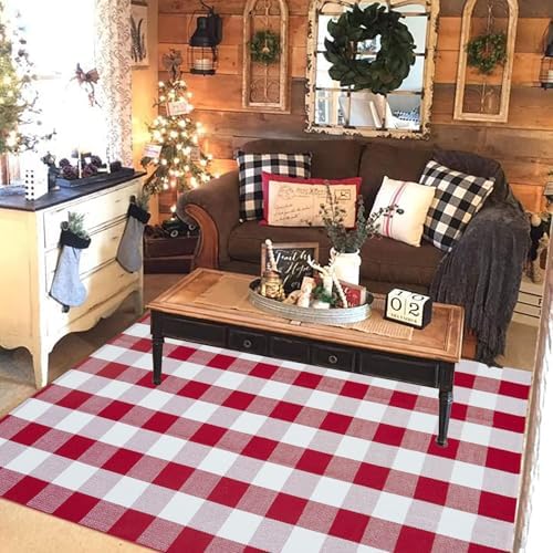 Buffalo Plaid Outdoor Rug, 4' x 6' Red&White Christmas Check Indoor/Outdoor Area Rug, Layering Rug for Hello/Welcome Door Mat, Machine Washable Cotton Woven Rug for Farmhouse Front Porch, Entryway - Image 6