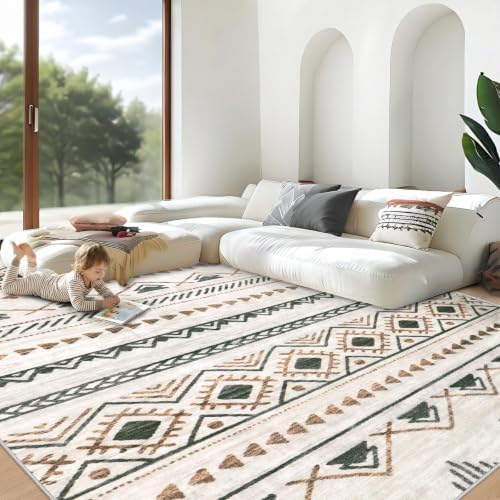 Area Rug Living Room Rugs 8x10 - Large Soft Boho Geometric Rug, Non-Slip Foldable Washable Rugs Non Shedding Morden Indoor Floor Carpet for Living Room Bedroom Office Dining Room(Brown Green,8'x10') by AOYAOMI