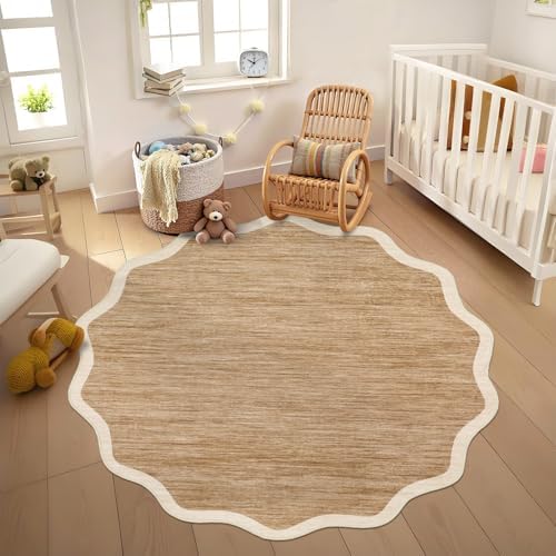 GarveeHome Scalloped Round Washable Rug 5ft Soft Non Slip, Light Brown by GarveeHome