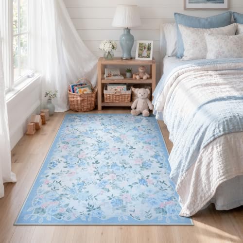 Lahome Blue Floral Bedside Rug 3x5, Low Pile Ultra-Thin Dorm Rug - Image 3