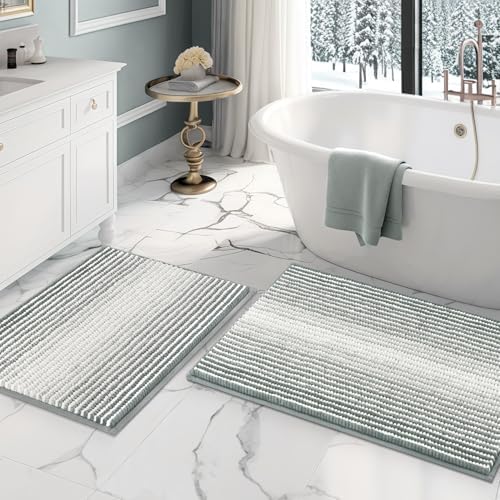 BSICPRO Bathroom Rugs Sets 2 Piece, Non Slip Striped Bath Mats, Light Gray by BSICPRO