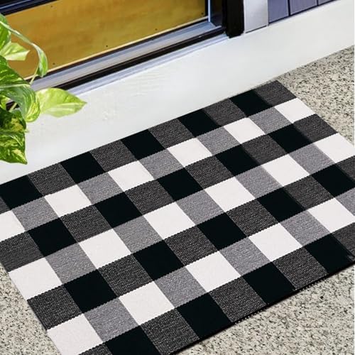 Cotton Buffalo Plaid Rug, 28x43 Black and White Checkered Outdoor Rug Front Door Decorative Mat, Washable Layered Area Rug for Front Porch, Entryway, Indoor, Patio - Image 7