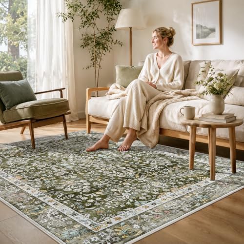 Vintage 5x7 Area Rugs Washable: Sage Green Botanical Rug for Living Room - Image 3