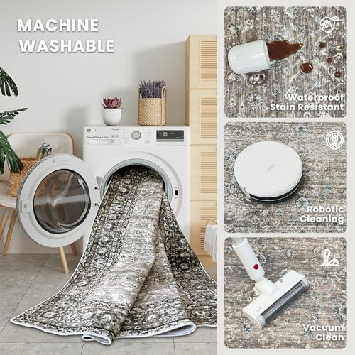 6x9 Grey Brown Washable Area Rug for Living Room, Vintage Print - Image 5