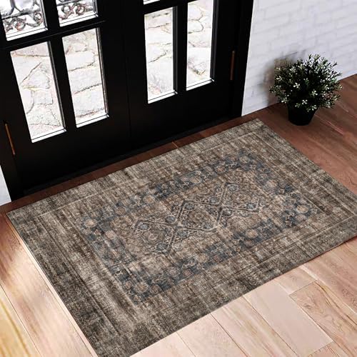 CHAMPLANT Washable Area Rug 2'x3' Door Mat Vintage Distressed Doormat Indoor Entrance Traditional Thin Rug Floral Print Non Slip Carpet for Kitchen Bathroom Bedroom Living Room by CHAMPLANT
