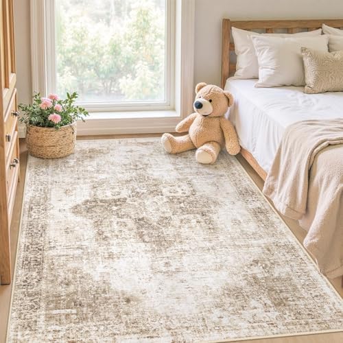 Area Rug 3x5 Washable Rug, Vintage Boho Medallion Entryway Rug Non-Slip Soft Low Pile Small Distressed Floor Carpet Retro Doormat for Kitchen Bedroom Laundry Bathroom Hallway (Brown, 3'x5') - Image 2