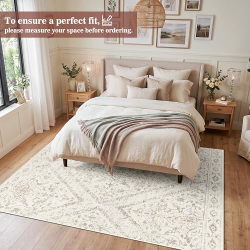 5x7Ft Boho Washable Area Rugs for Living Room, Beige Thin Bedroom Rugs Non Slip, Moroccan Soft Kids Nusery Area Floor Carpets for Dining Room Playroom Kitchen Home Office Decor - Image 3