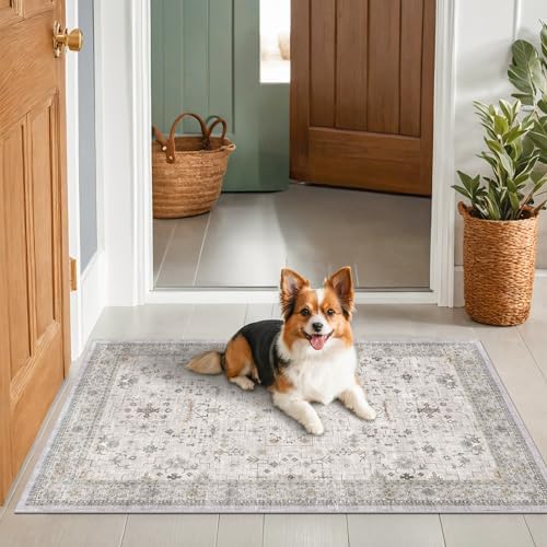 Boho Large 3x4 Bathroom Rug - Washable Low Pile Non-Slip Area Rugs for Entryway, Kitchen, Bedroom Beside Bed, Modern Vintage Neutral Light Gray & Sage Geometric Floral Decor - Image 6