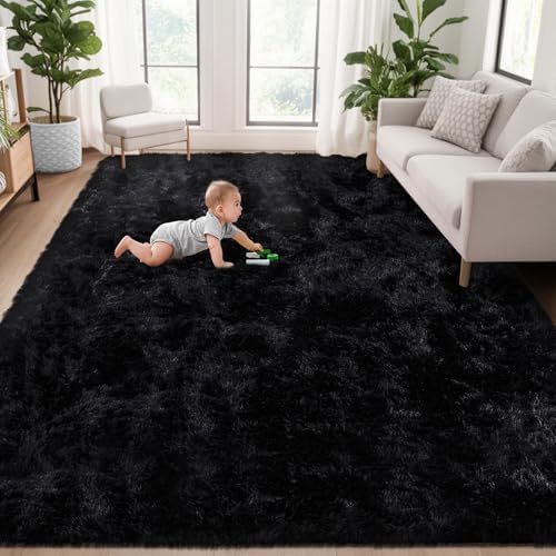 5x7 Area Rug for Living Room: Fluffy Shag Soft Washable Rugs Fuzzy Plush Indoor Carpet for Bedroom Nursery Playroom Dorm Kids Girls Boys Room (Black, 5'x7') by VECARF