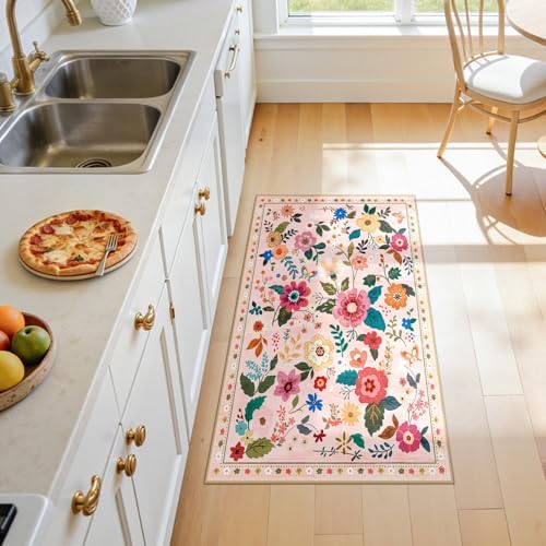 Floral Washable 2x4 Area Rugs Runner Entryway Hallway Pink - Image 4