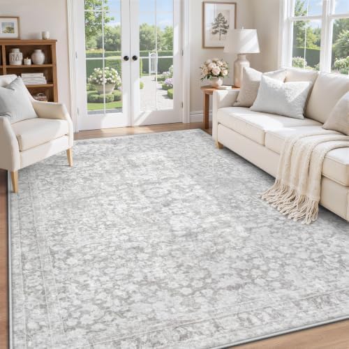 6x9 Area Rugs for Living Room: Boho Vintage Washable Rug Non-Slip Soft Stain Repellent Area Rugs Indoor Low-Pile Carpet for Bedroom Nursery Office Dining Room Playroom Farmhouse (Grey, 6'x9') by pmtsns