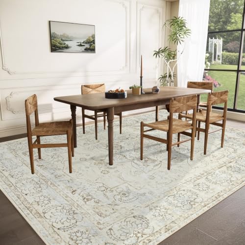 Area Rug 10x14 Washable Rug, Vintage Boho Medallion Rugs Non-Slip Soft Low Pile Large Distressed Rug Indoor Retro Carpet for Living Room Bedroom Dining Room Home Office Cream/Light Blue 10'x14' - Image 3