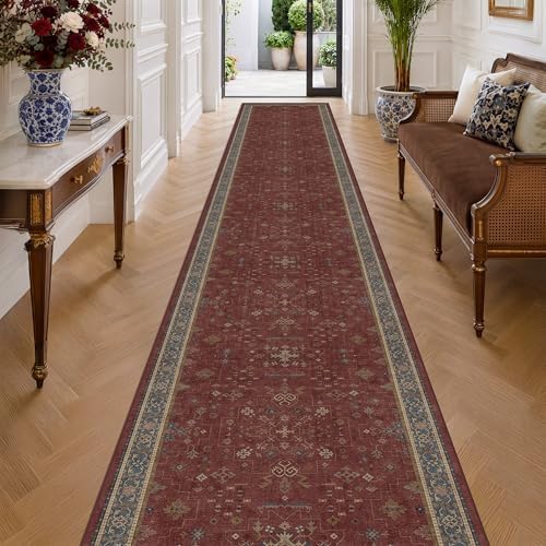 Hazo Haus Burgundy Washable 3x20 Extra Long Hallway Runner Rug, Neutral Boho Large Kitchen Floor Rug Indoor, Non-Slip Stain & Fade Resistant, Vintage Bohemian Red Floral Décor by HazoHaus