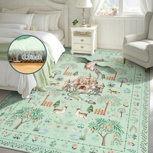 nesrt Washable Area Rugs 6x9ft for Living Room Bedroom, Green Animal Printed Dragon Rugs, Soft Large Botanical Forest Nursey Playroom Floor Carpets for Dining Room Farmhouse Home Office Holiday Decor - Image 4