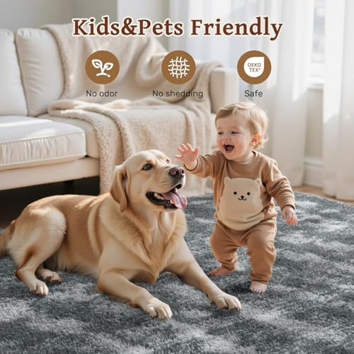 Area Rugs for Living Room 8x10 Feet, Soft Fluffy Shagg Plush Bedroom Rug Non-Slip,Large Carpet for Nursery Kids Dorm Home Decor Rippling Grey - Image 5