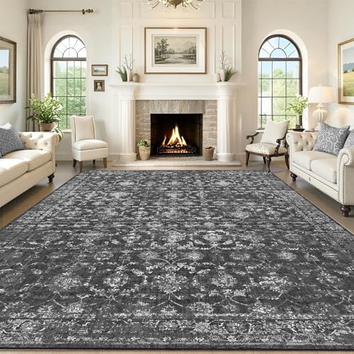 9x12 Washable Living Room Area Rug Non-Slip Retro Black Large Carpet by HOME