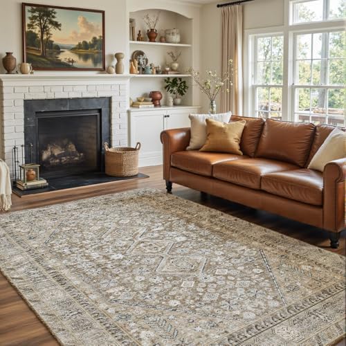 5x7 Beige Brown Washable Area Rug for Living Room, Vintage Print by Unknown