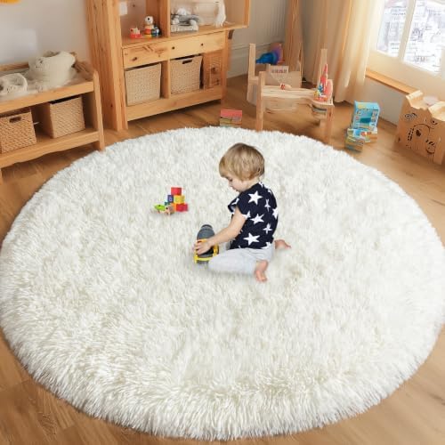 7ft Fluffy Cream White Round Rug for Bedroom Living Room, Washable Non-Slip - Image 4