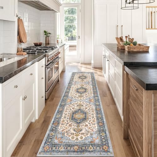 KUTA Vintage Washable Runner Rug, 2x8 Ivory Blue Runners for Hallways - Image 3