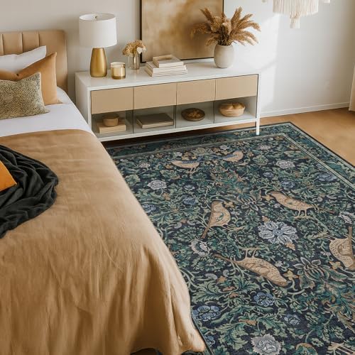 Vintage 4x6 Washable Entryway Rug, Blue & Green Floral Bird Woodland Rug, Non-Slip Low Pile Stain Resistant Carpet for Kitchen, Bedroom, Small Living Room - Image 6