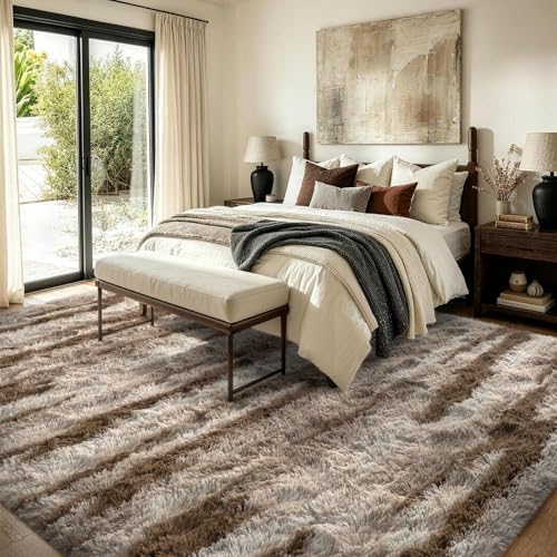 9x12 Non-Slip Fluffy Area Rugs For Living Room (Tie-dye Light Brown) - Image 4