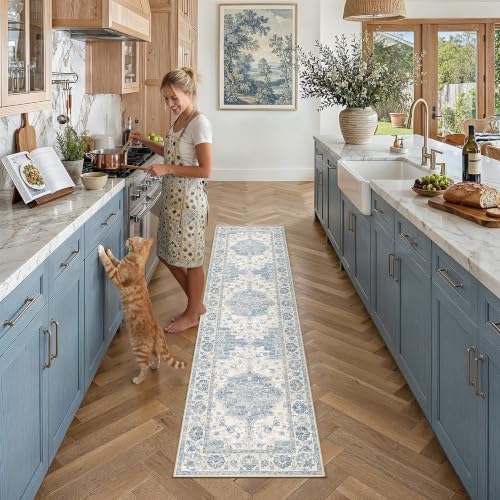 PureCozy Blue Runner Rug 2x8 Kitchen Vintage Floral Non-Slip Carpet by PureCozy