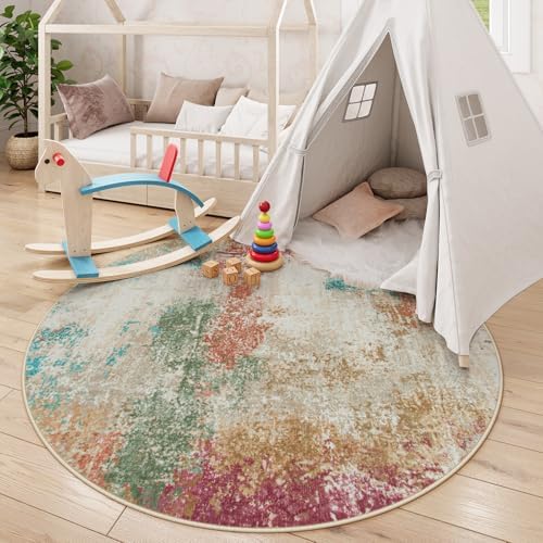 Lahome Modern Abstract Round Rugs for Living Room, 5ft Washable Ultra Thin Round Area Rug Non Slip, Multi Color 5x5 Circle Throw Carpet for Office Bedroom Dining Room Under Table - Image 4