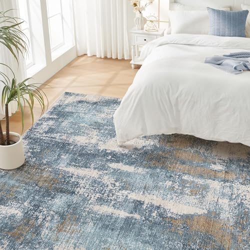 DMOYEST Area Rug Living Room Rugs - 10x12 Washable Large Soft Indoor Neutral Modern Abstract Low Pile Rug Carpet for Bedroom Dining Room Farmhouse Home Office - Blue Brown - Image 2