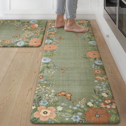 GENIMO Anti Fatigue Kitchen Mats for Floor 2PCS,Standing Rugs,Natural Green by GENIMO