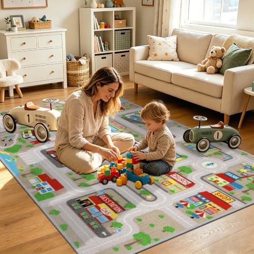 Capslpad Tan Car Road Kid Rug Carpet Playmat for Playoom Traffic Road Kids Play Mat for Toddler Non Slip Washable City Map Race Track Carpet Rug for Kids Room Bedroom Nursery Room Decor,5.2'x3.3' - Image 6