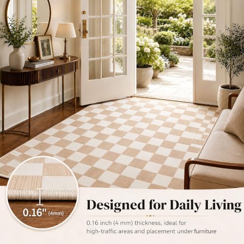 4x6 Checkered Area Rug for Living Room, Soft Low Pile Warm Taupe rugs - Image 6