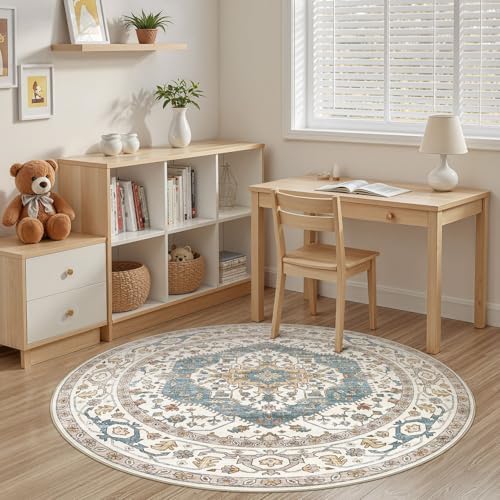Area Rug for Living Room - 5x5 Soft Washable Oriental Vintage Floral Distressed Large Carpet - Fade Stain Resistant Non Slip Rugs for Bedroom Dining Room Nursery Dorm Office Home Decor - Blue/Beige - Image 5