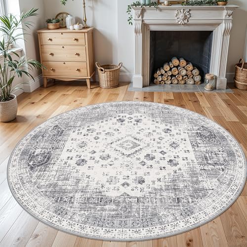 Washable 6ft Round Area Rug - Vintage Living Room Bedroom Rugs with Non Slip Backing Indoor Low Pile Carpet for Kitchen Nursery Ultra Soft Home Decor Floor Mat for Bathroom (Grey,6round) - Image 2