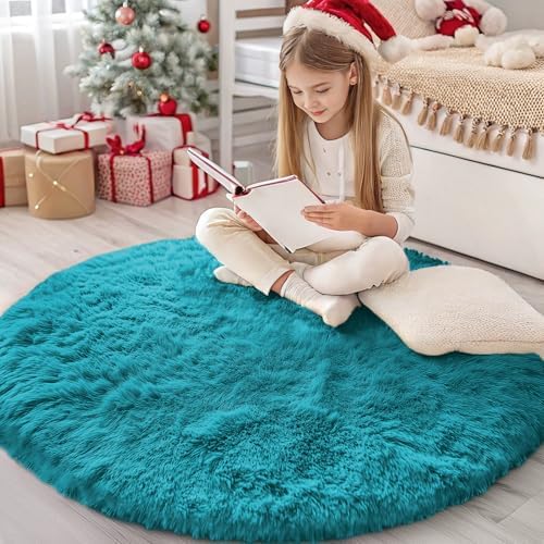 OLANLY Teal Round Rugs for Bedroom - Machine Washable, 4 ft Circle Area Rugs for Living Room, Soft and Fluffy Shaggy Carpet for Teen Girl and Boys, Nursery Rooms, Dorms, Home Decor Aesthetic by OLANLY