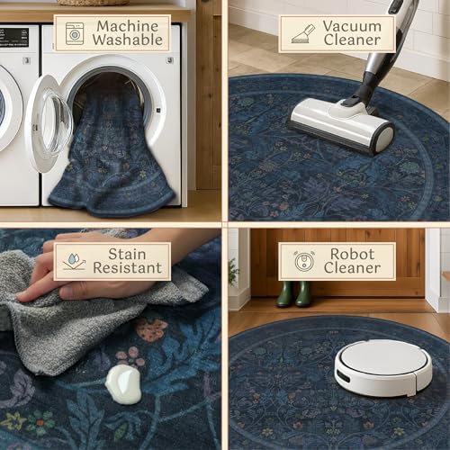 7ft Round Rug for Living Room, Dark Blue Oriental Floral Circle Area Rug, Washable Non-Shedding Low-Pile Carpet for Under Bed, Home Office, Moody Farmhouse Decor, Stain Resistant - Image 4