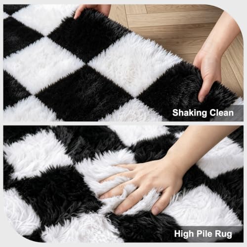 Large Area Rugs for Living Room Bedroom,9x12 Black and White Fluffy Soft Checkered Rug Fuzzy Shag Shaggy Carpet,Indoor Plush Floor Rugs for Teen Dorm Home Decor - Image 6