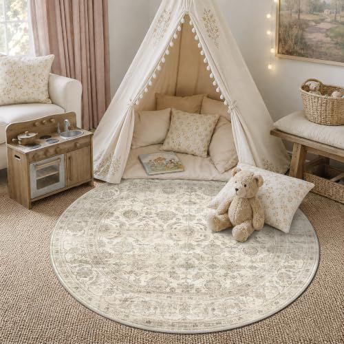JOOJA 4x4 Beige Vintage Soft Low Pile Washable Boho Small Round Kitchen Rug by JOOJA