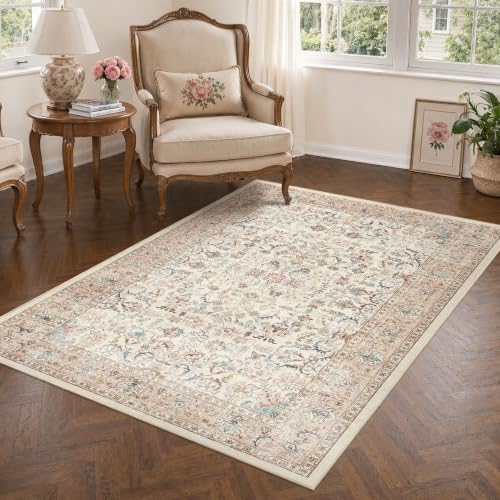 3x5 Washable Entryway Area Rug Non-Slip Vintage Pink Throw Carpet - Image 3