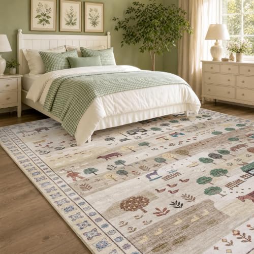 Machine Washable Area Rug 5x7, Soft Whimsical Rug, Vintage Farmhouse Beige - Image 5